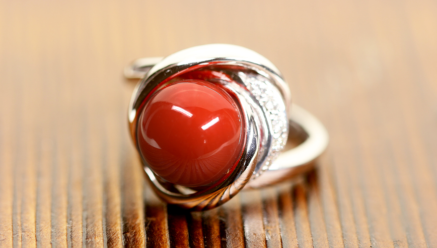 血赤珊瑚 10.2mm ダイヤモンド プラチナ リング(指輪)【品質保証書